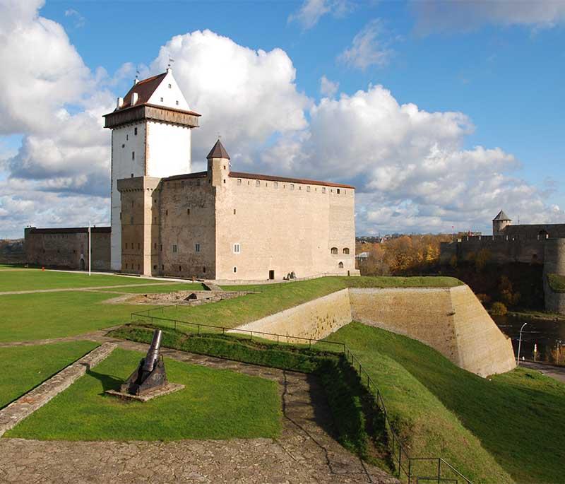 Narva Castle, a medieval fortress on Russia's border, offers historical exhibits and panoramic views of Narva River.