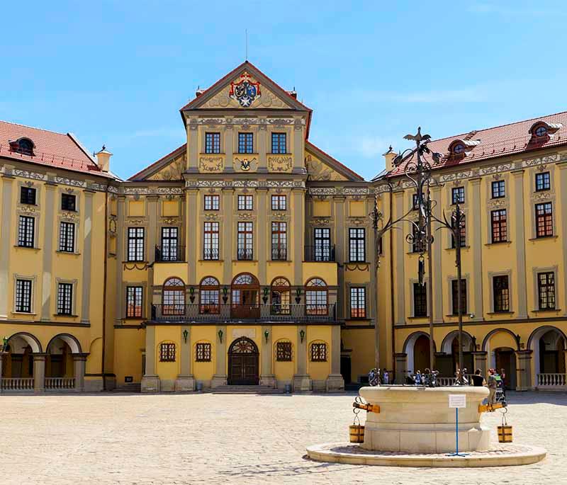Nesvizh Castle, a UNESCO World Heritage Site, known for its picturesque architecture and beautiful gardens.