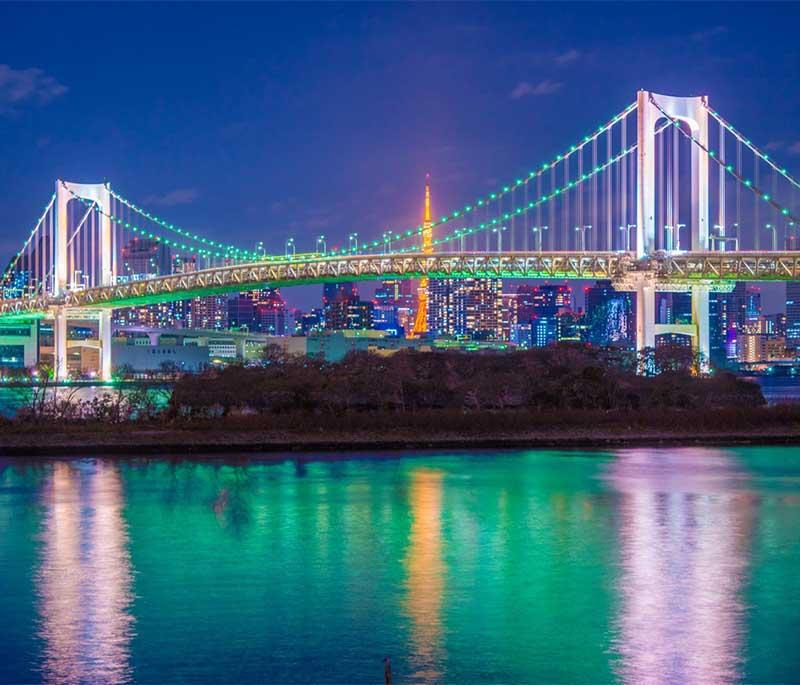 Odaiba, Tokyo, a futuristic island with shopping malls, entertainment complexes, and views of the Rainbow Bridge.