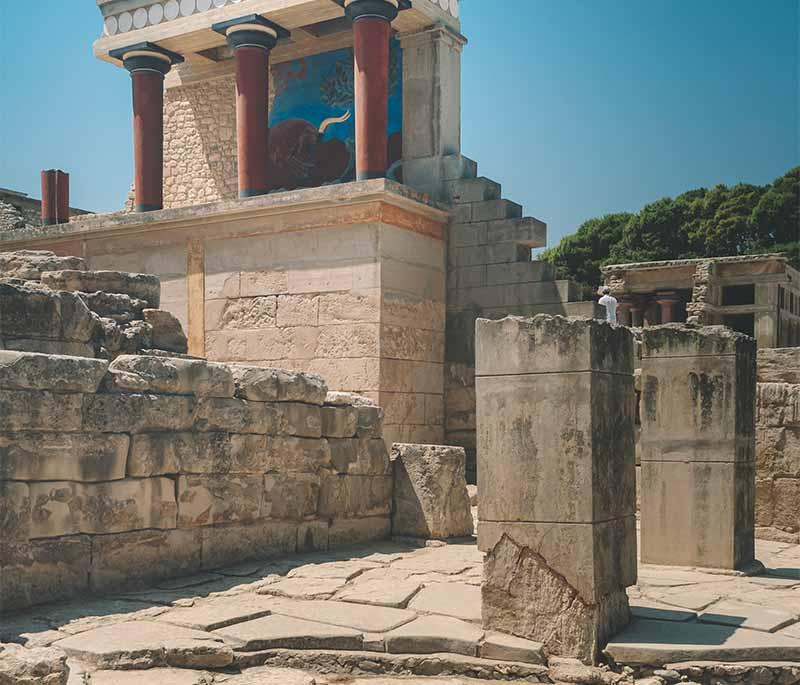 Palace of Knossos, an ancient Minoan palace on the island of Crete, associated with the legend of the Minotaur.