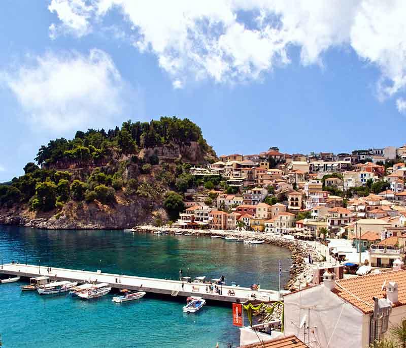 Parga, a picturesque coastal town in Epirus, known for its colorful houses, beautiful beaches, and Venetian castle.