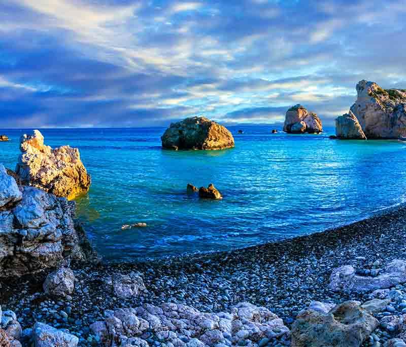 Petra tou Romiou (Aphrodite's Rock), a legendary birthplace of Aphrodite, featuring stunning coastal scenery and mythology.