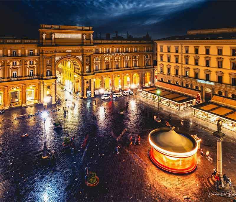 Piazza della Repubblica, Florence, a historic square in Florence known for its cafes, carousel, and vibrant atmosphere.