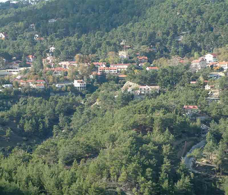 Platres Village, a charming mountain village in the Troodos, known for its cool climate, walking trails, and hospitality.