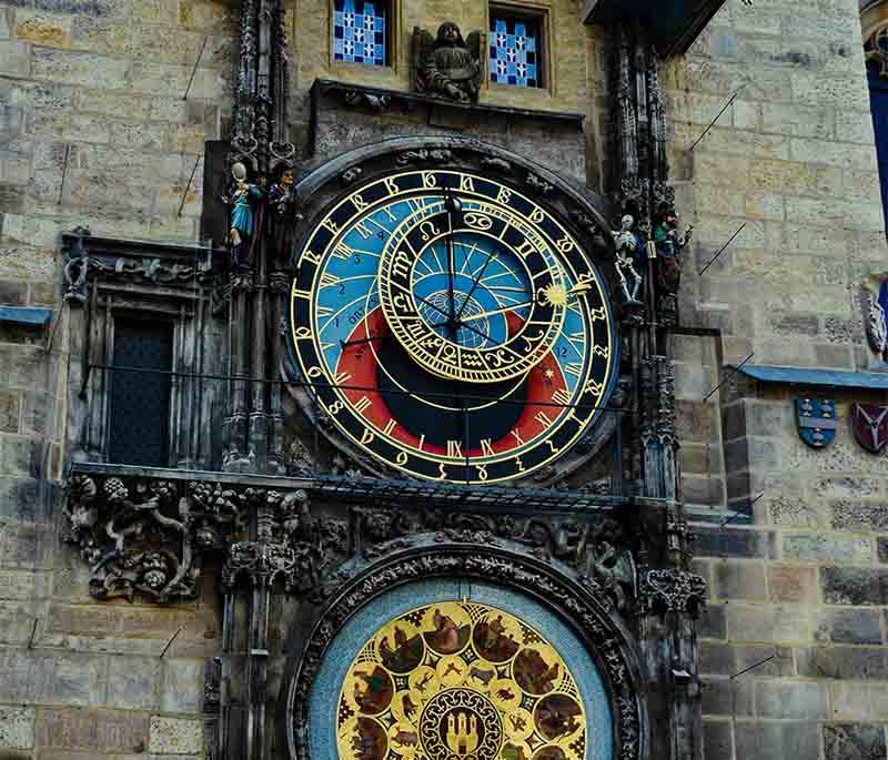 Prague Astronomical Clock, an iconic medieval clock on the Old Town Hall, featuring an hourly show of moving figures.