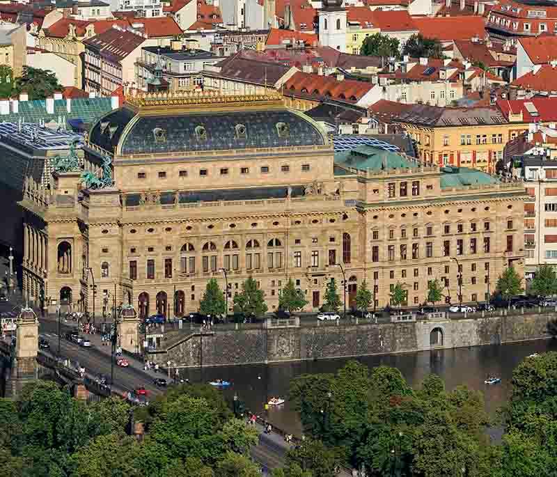 Prague National Theatre, a historic and architecturally impressive theatre, hosting opera, ballet, and drama performances.