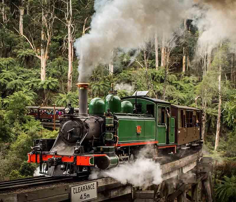 Puffing Billy Railway in Melbourne, Victoria, is a heritage steam train running through the scenic Dandenong Ranges.