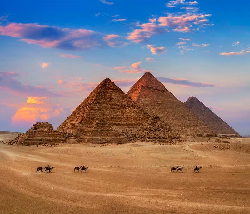 Pyramids of Giza, featuring the Great Pyramid, one of the Seven Wonders of the Ancient World, along with the iconic Sphinx.