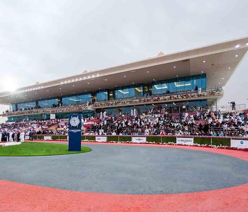 Horses galloping at Qatar Racing and Equestrian Club, with jockeys racing on green tracks under clear skies.