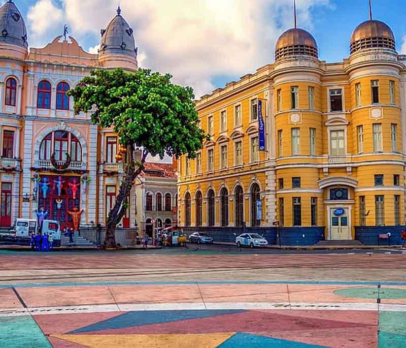 Recife Antigo, showcasing the historic district of Recife with its vibrant culture, colorful buildings, and lively nightlife.