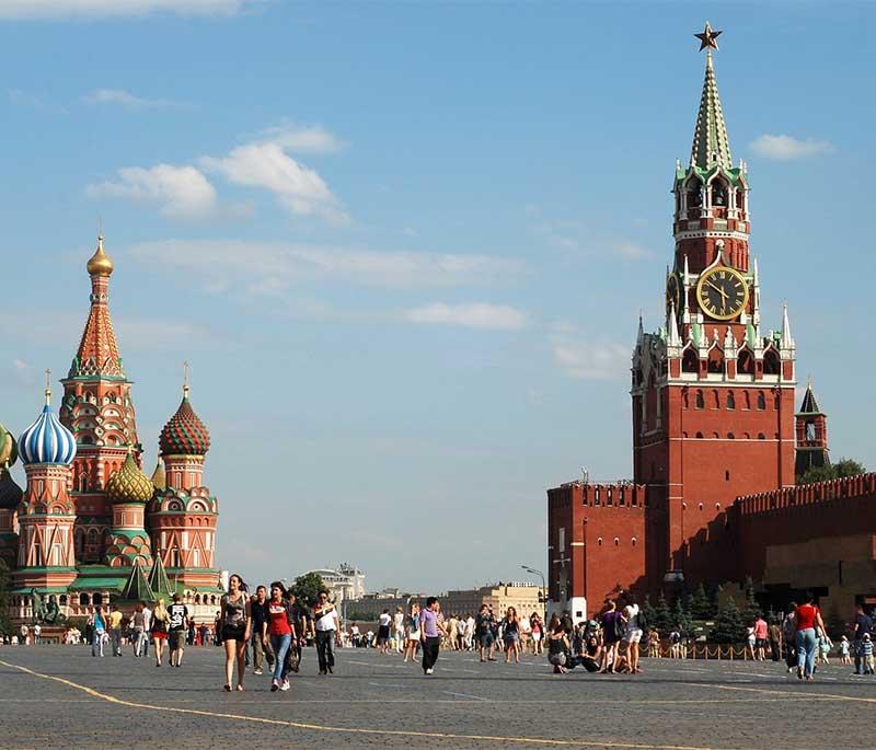 Red Square and the Kremlin, Moscow: Iconic landmarks like St. Basil's Cathedral and Lenin's Mausoleum in the heart of Moscow.