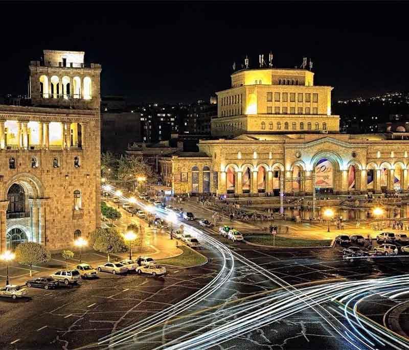 Republic Square, Yerevan, showing the architectural grandeur and vibrant atmosphere of the city’s central square.