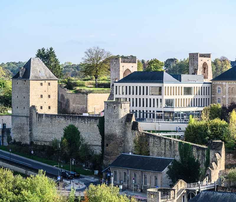 Rham Plateau, a historic area in Luxembourg City offering scenic views and walking paths along the old fortifications.