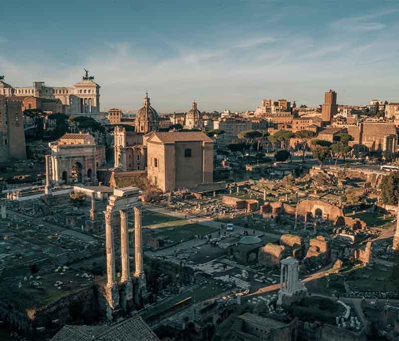 Roman Forum, Rome, the ancient center of Roman life, featuring ruins of government buildings, temples, and monuments.