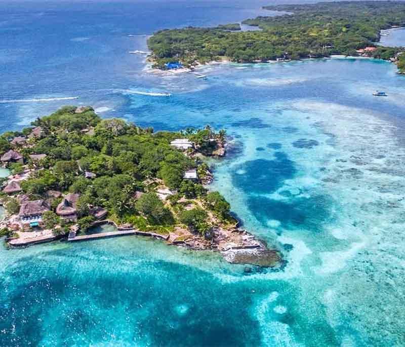 Rosario Islands, an archipelago off Cartagena's coast, known for beautiful coral reefs, clear waters, and diverse marine life