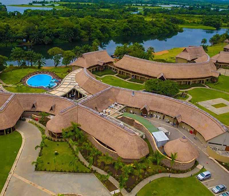 Royal Senchi Resort, a luxury resort on the Volta River, offering beautiful views, water activities, and relaxation.