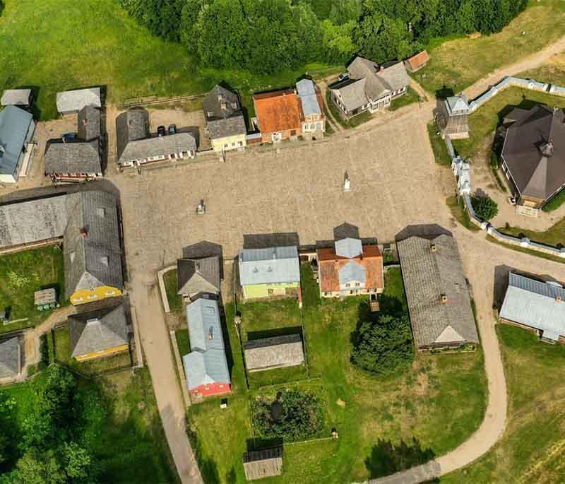 Rumsiskes Open-Air Museum, an open-air museum near Kaunas, displaying traditional Lithuanian architecture and rural life.