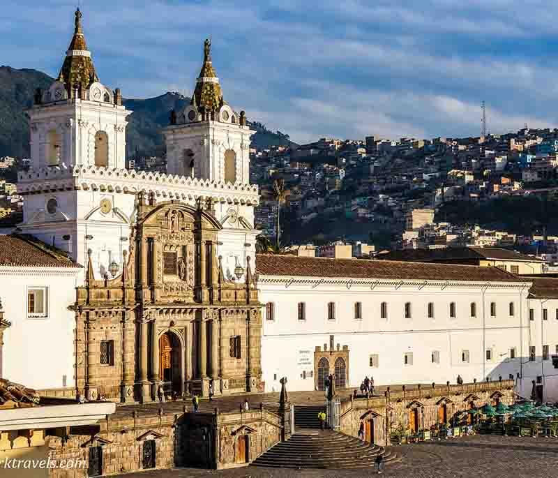 San Francisco Plaza in Quito, a historic square with colonial architecture, including the impressive San Francisco Church.