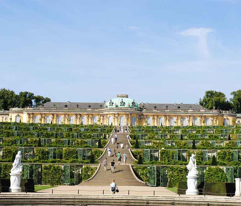 Sanssouci Palace, Potsdam, a former royal residence of Frederick the Great, featuring beautiful Rococo architecture.