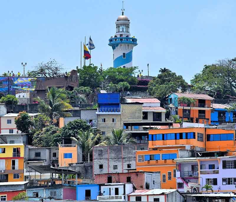 Santa Ana Hill in Guayaquil, a historic area with colorful houses, winding stairways, and panoramic views from the top.