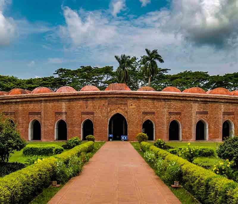 Sixty Dome Mosque, Bagerhat, featuring the UNESCO World Heritage site known for its unique Islamic architecture.