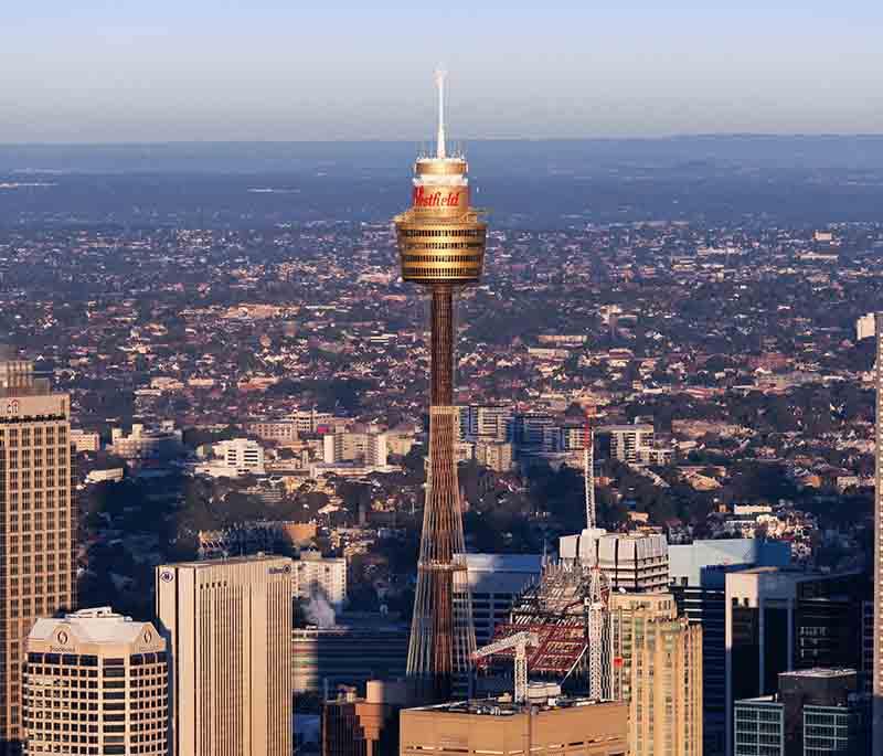 Sydney Tower Eye in Sydney, New South Wales, provides panoramic views of the city from its observation deck.