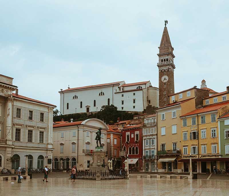 Tartini Square - The main square in Piran, named after the composer Giuseppe Tartini, surrounded by historic buildings.
