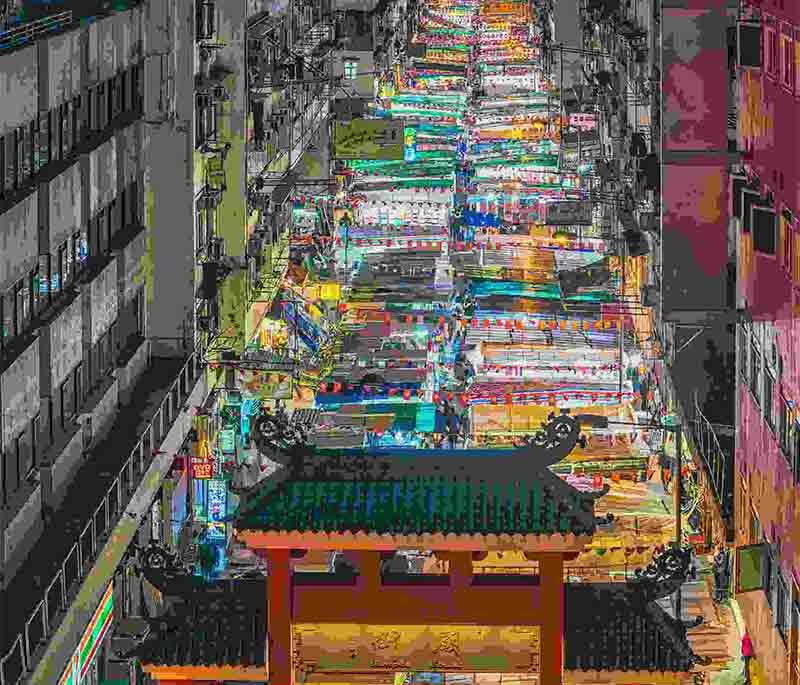Temple Street Night Market, a vibrant Hong Kong street market offering food, fashion, and unique souvenirs.