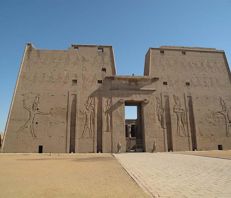 Temple of Edfu (Horus), one of the best-preserved temples in Egypt, dedicated to Horus, with detailed hieroglyphs and reliefs