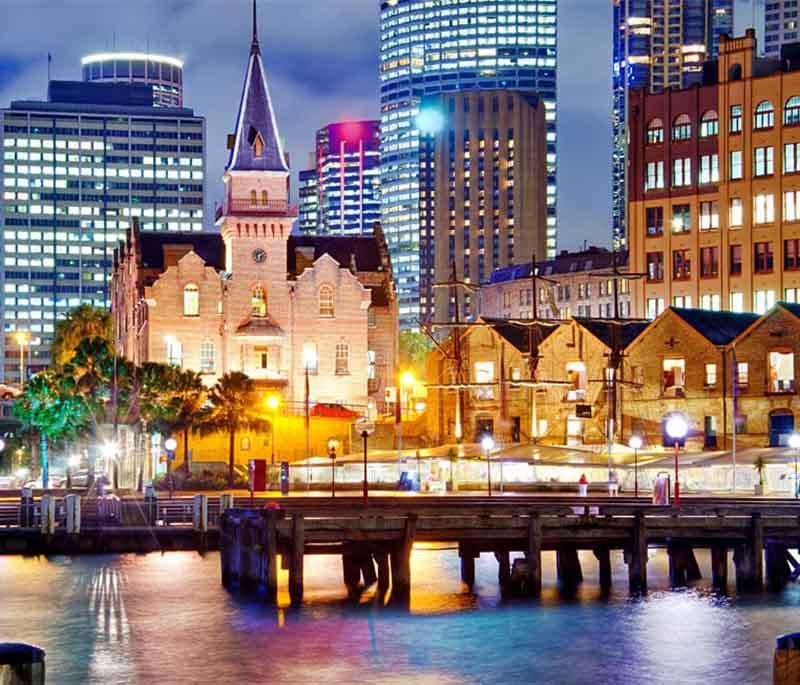 The Rocks in Sydney, New South Wales, is a historic area with cobblestone streets, boutiques, and museums.