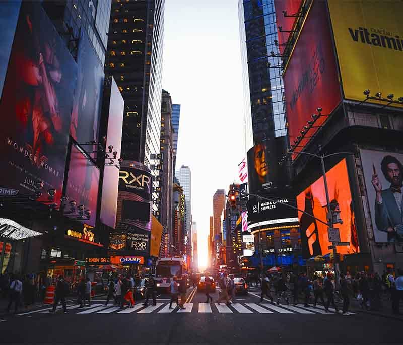 Times Square, New York: Bustling hub known for bright lights, theaters, and New Year's Eve celebrations.