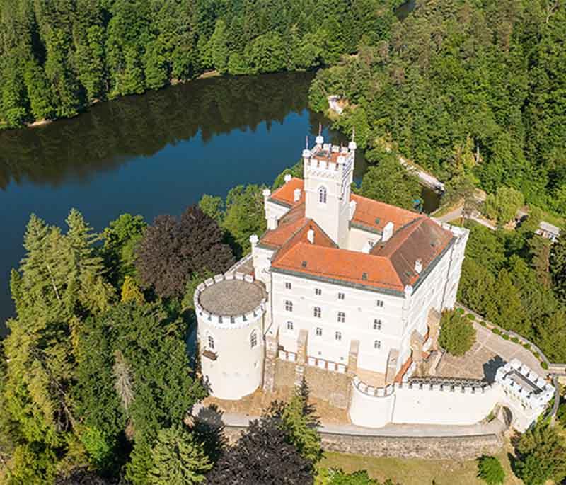 Trakošćan Castle, a fairy-tale castle set in a park, known for its well-preserved interiors and picturesque surroundings.