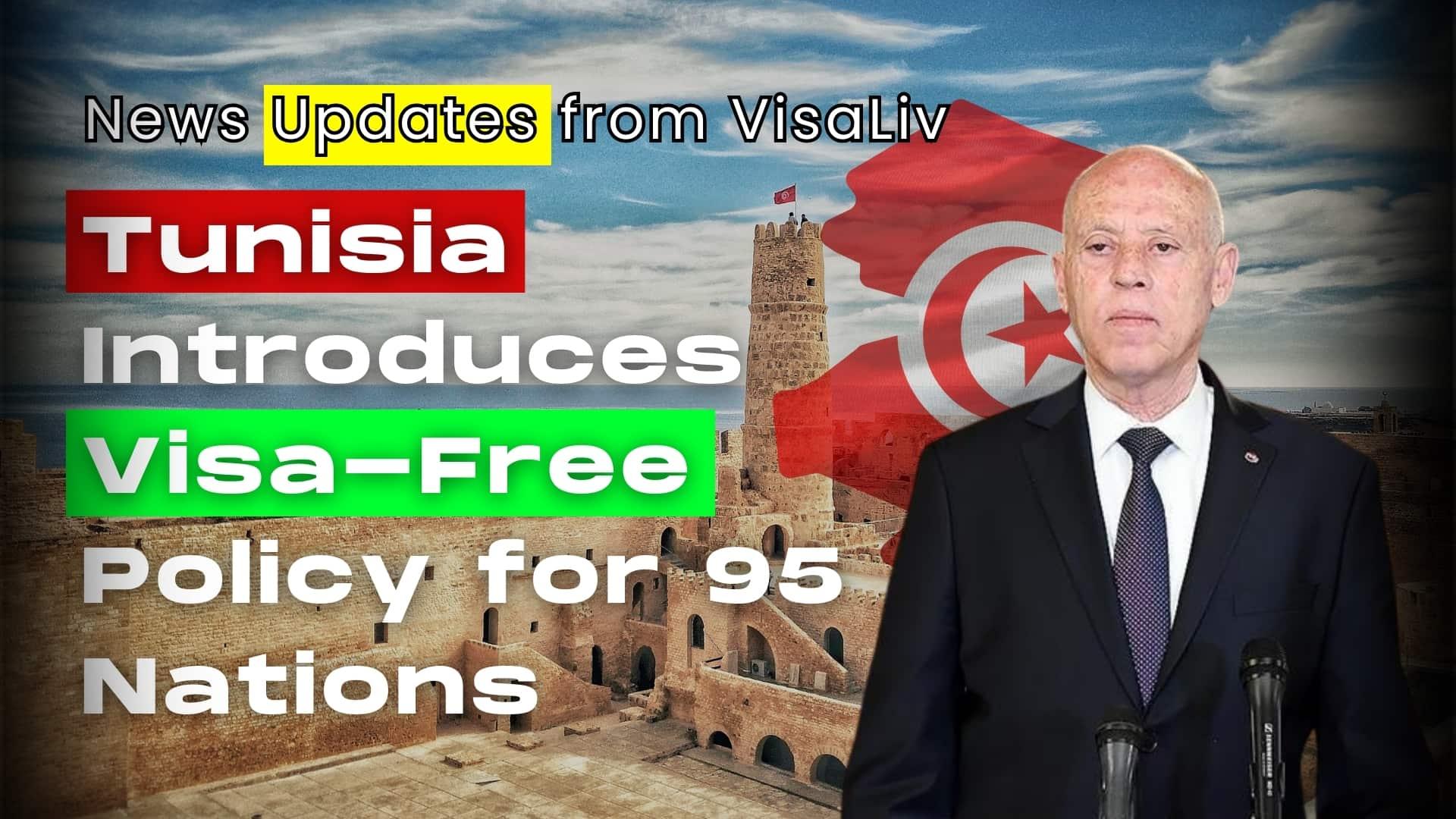 Tunisia introduces visa-free policy for 95 nations, Tunisian flag with world map indicating eligible countries.