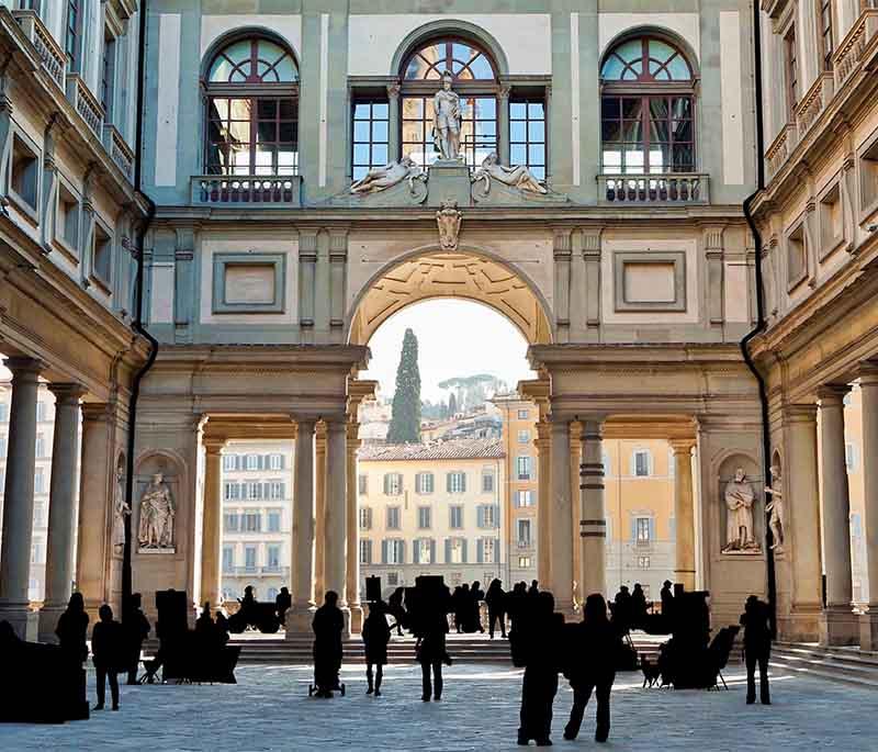 Uffizi Gallery, Florence, one of the world's top art museums, housing masterpieces by Botticelli, Michelangelo, and da Vinci.