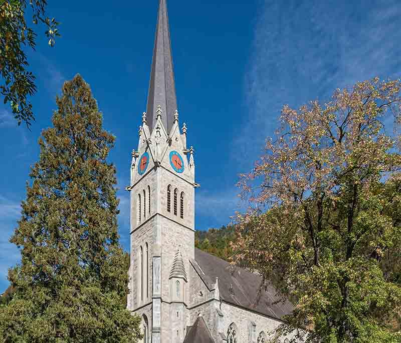 Vaduz Cathedral, also known as St. Florin Cathedral, a key religious site in Vaduz with impressive architecture.