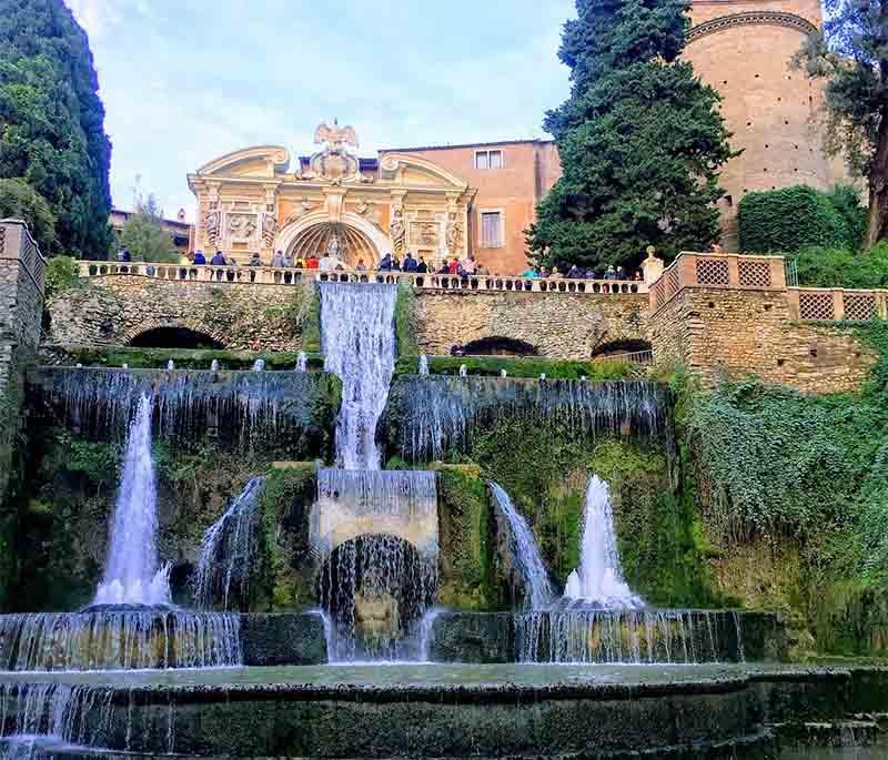 Villa d'Este, Tivoli, a Renaissance villa famous for its elaborate gardens, fountains, and water features.