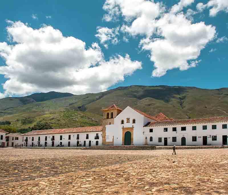 Villa de Leyva, a colonial town with a well-preserved central plaza, historic buildings, and a tranquil atmosphere.