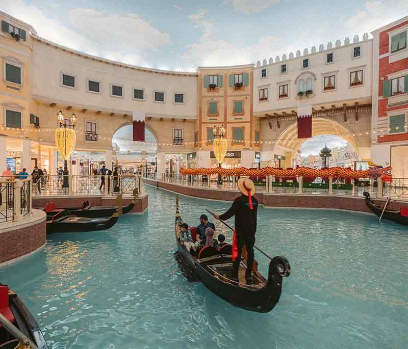 Italian-themed Villaggio Mall interior with canal, gondolas, painted ceiling, and shoppers browsing upscale stores.