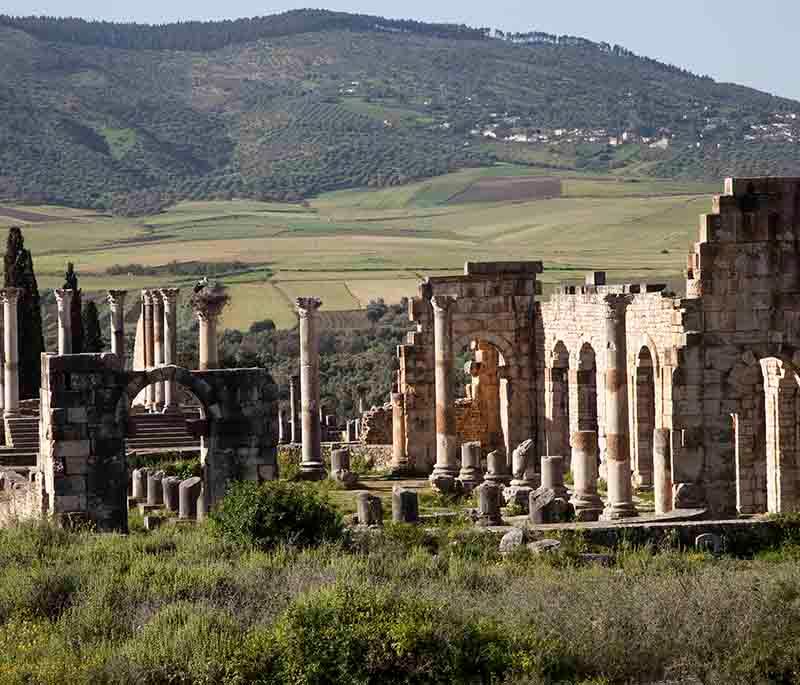 Volubilis - Roman Ruins: A well-preserved Roman archaeological site featuring beautiful mosaics and historic structures.