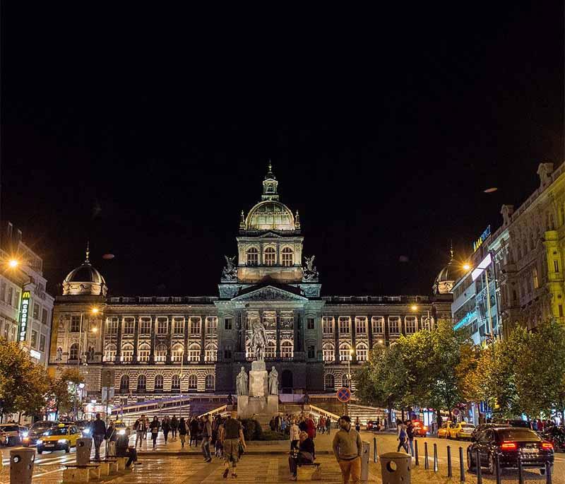 Wenceslas Square, Prague, a vibrant and historic square in Prague, surrounded by shops, restaurants, and landmarks.