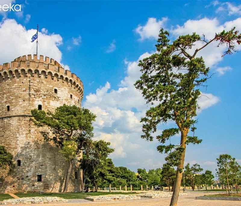 White Tower of Thessaloniki, a prominent historical monument and museum, offering panoramic views of the city and the sea.