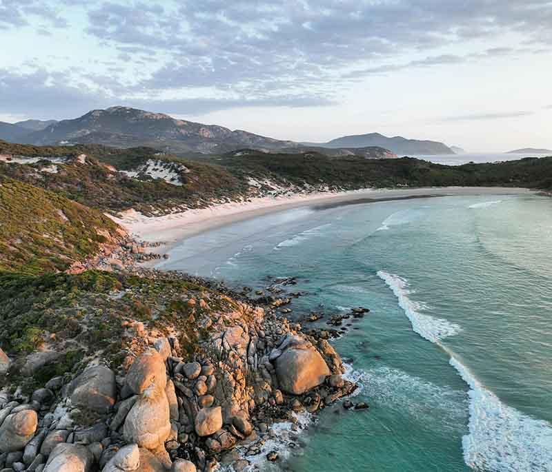 Wilsons Promontory National Park in Victoria offers spectacular coastal scenery and abundant wildlife.