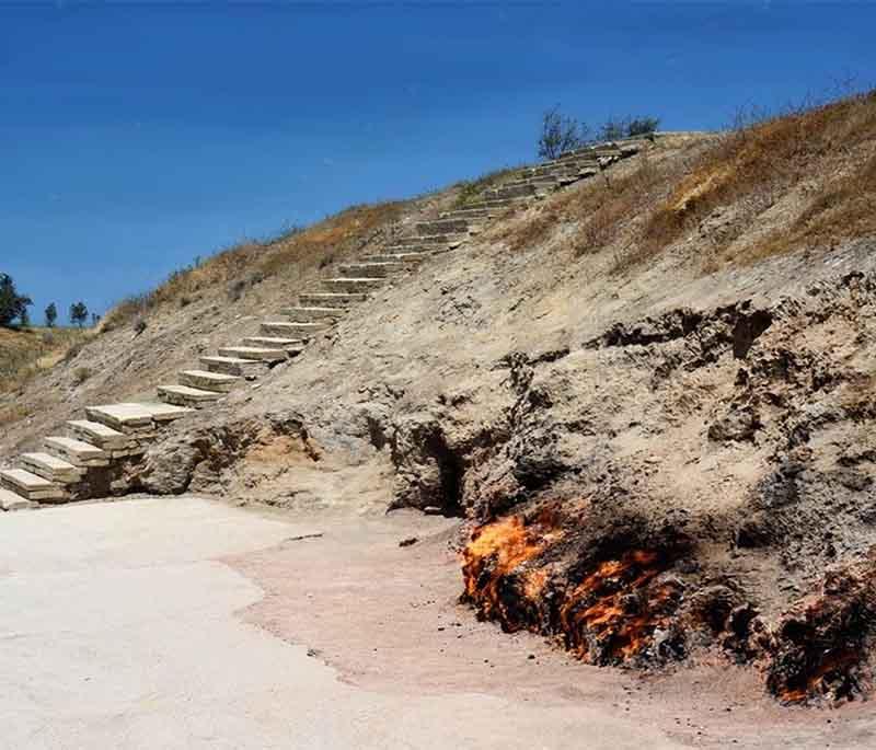 Yanar Dag (Burning Mountain), Baku, capturing the natural gas fire that burns continuously on a hillside near the capital.
