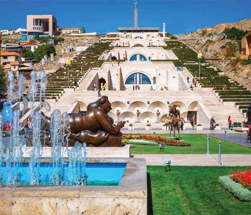 Yerevan Cascade Complex, illustrating the grand stairway with modern art installations and city views.