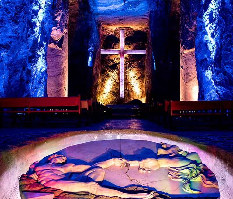 Zipaquirá Salt Cathedral, an underground cathedral carved into a salt mine, known for its unique architecture and atmosphere.