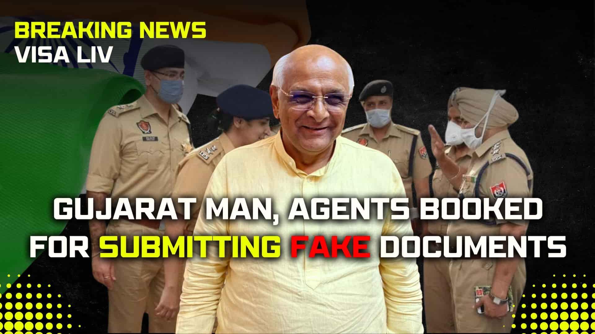 Graphic illustrating a Gujarat man and agents booked for submitting fake visa documents, emphasizing legal action.